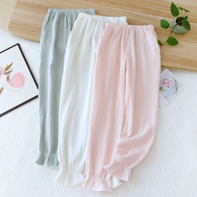 Pantaloni de pijama de vară pentru femei, 100% bumbac, tifon, pantaloni largi de somn, talie elastică, pantaloni de lounge, îmbrăcăminte largi, îmbrăcăminte de acasă