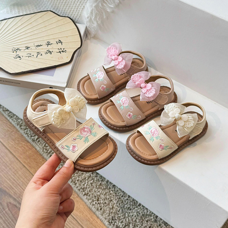 Tüdrukute printsess-sandaalid Hiina stiilis vibu tikitud tüdrukute kingad, pehmed lamedad kontsad, uued moodsad laste rannasandaalid Suurus: 23-34