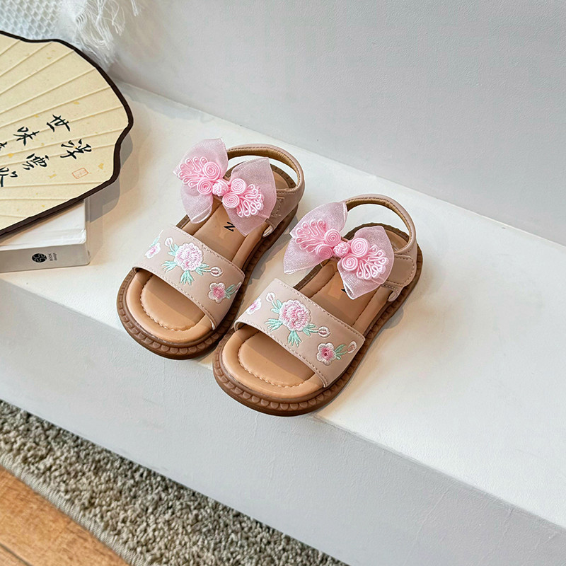 Tüdrukute printsess-sandaalid Hiina stiilis vibu tikitud tüdrukute kingad, pehmed lamedad kontsad, uued moodsad laste rannasandaalid Suurus: 23-34