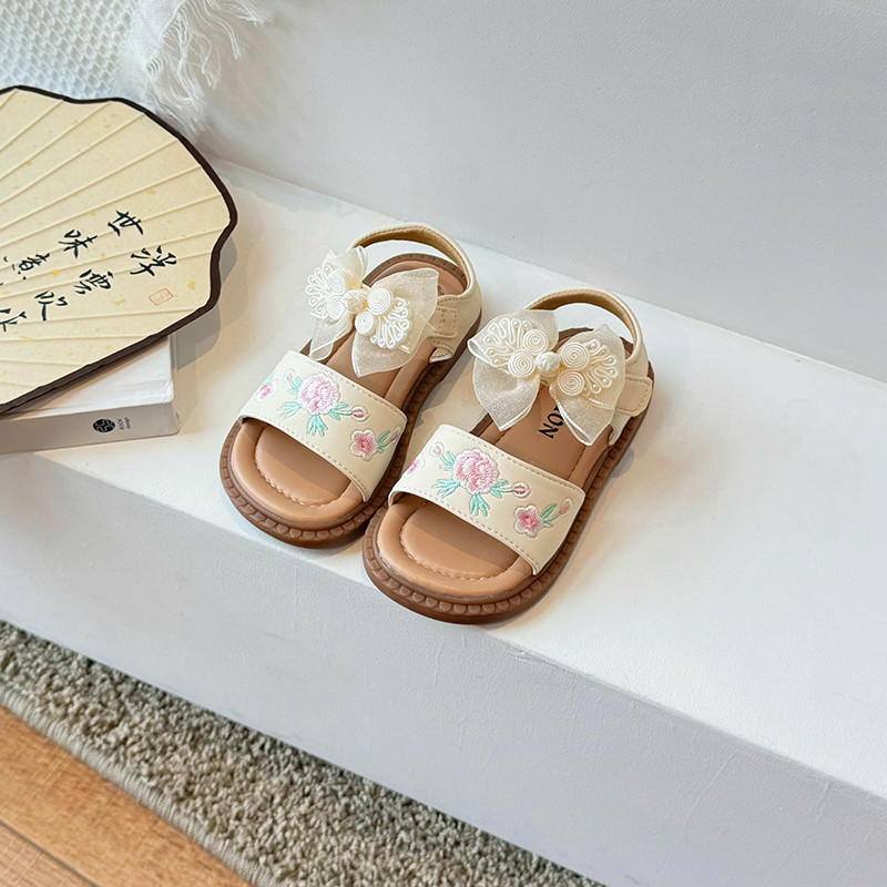 Tüdrukute printsess-sandaalid Hiina stiilis vibu tikitud tüdrukute kingad, pehmed lamedad kontsad, uued moodsad laste rannasandaalid Suurus: 23-34