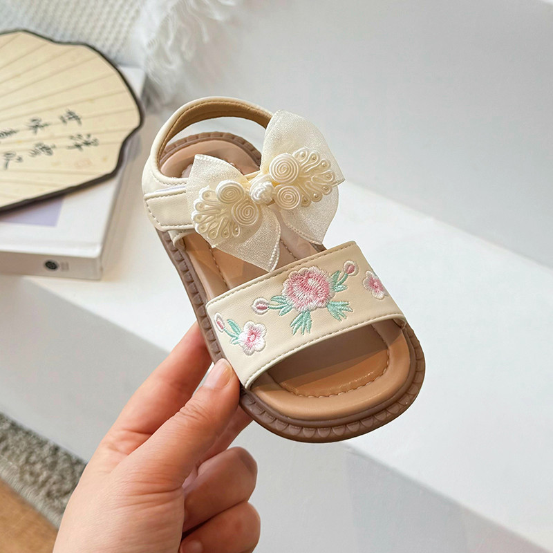 Tüdrukute printsess-sandaalid Hiina stiilis vibu tikitud tüdrukute kingad, pehmed lamedad kontsad, uued moodsad laste rannasandaalid Suurus: 23-34