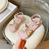 Tüdrukute sandaalid rahvuslikus stiilis Uued Hiina mugavad pehme tallaga kingad 2024 Uued vabad varbad, pärlitest tüdruku printsessi stiil