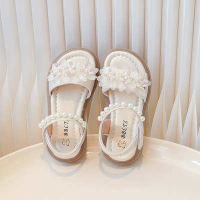 Meiteņu sandales Aplikācijas Pērle Saldi Rozā Bēšs Vasaras Bērnu Slīdņi Atvērts Purngals Ērti Neslīdoši Stilīgi Bērnu Apavi Plakani 24-36