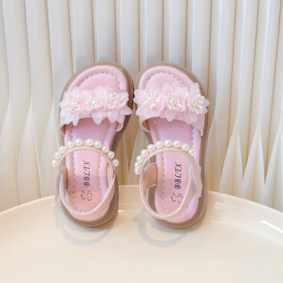 Meiteņu sandales Aplikācijas Pērle Saldi Rozā Bēšs Vasaras Bērnu Slīdņi Atvērts Purngals Ērti Neslīdoši Stilīgi Bērnu Apavi Plakani 24-36