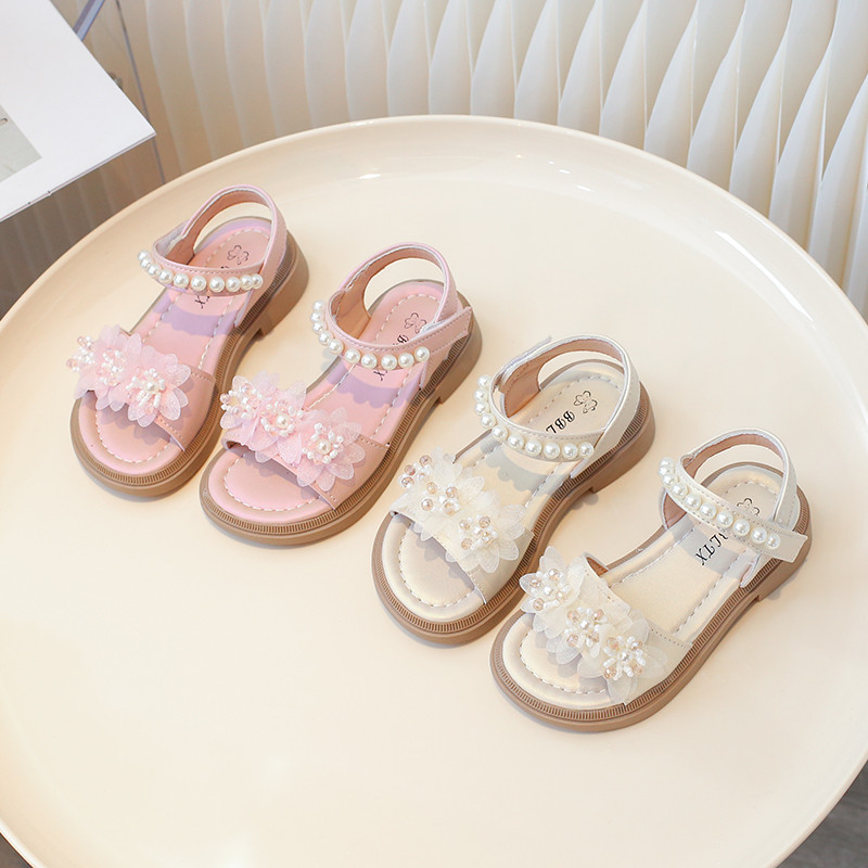 Meiteņu sandales Aplikācijas Pērle Saldi Rozā Bēšs Vasaras Bērnu Slīdņi Atvērts Purngals Ērti Neslīdoši Stilīgi Bērnu Apavi Plakani 24-36