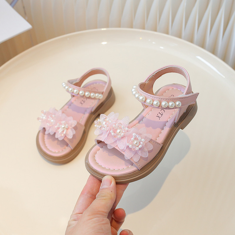 Meiteņu sandales Aplikācijas Pērle Saldi Rozā Bēšs Vasaras Bērnu Slīdņi Atvērts Purngals Ērti Neslīdoši Stilīgi Bērnu Apavi Plakani 24-36