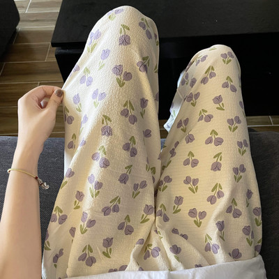 Ruudulised pidžaamapüksid naistele magamiseks Korea stiilis magamisriided Suvised pahkluu pikkused magamisriided Uus kodutuba, elastsed vöökohad