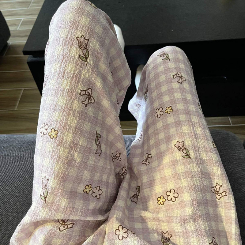 Ruudulised pidžaamapüksid naistele magamiseks Korea stiilis magamisriided Suvised pahkluu pikkused magamisriided Uus kodutuba, elastsed vöökohad