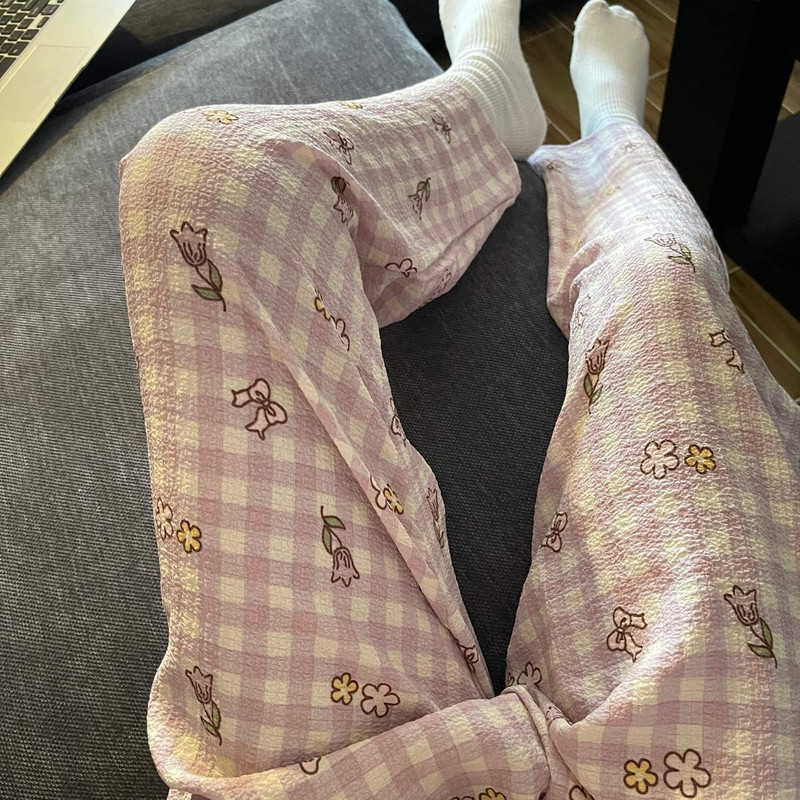 Ruudulised pidžaamapüksid naistele magamiseks Korea stiilis magamisriided Suvised pahkluu pikkused magamisriided Uus kodutuba, elastsed vöökohad