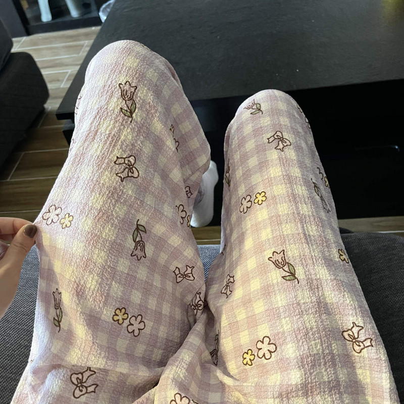 Ruudulised pidžaamapüksid naistele magamiseks Korea stiilis magamisriided Suvised pahkluu pikkused magamisriided Uus kodutuba, elastsed vöökohad