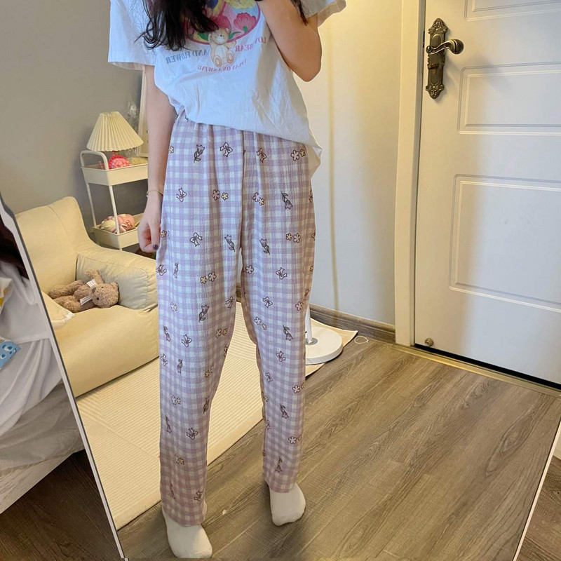 Ruudulised pidžaamapüksid naistele magamiseks Korea stiilis magamisriided Suvised pahkluu pikkused magamisriided Uus kodutuba, elastsed vöökohad