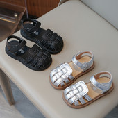 Bērnu sandales Pītas melnas šķembas Gladiatora stils Meiteņu slīdņi Pārvalks Purngals Dobs Pu ādas Vasaras Bērnu apavi 21-30