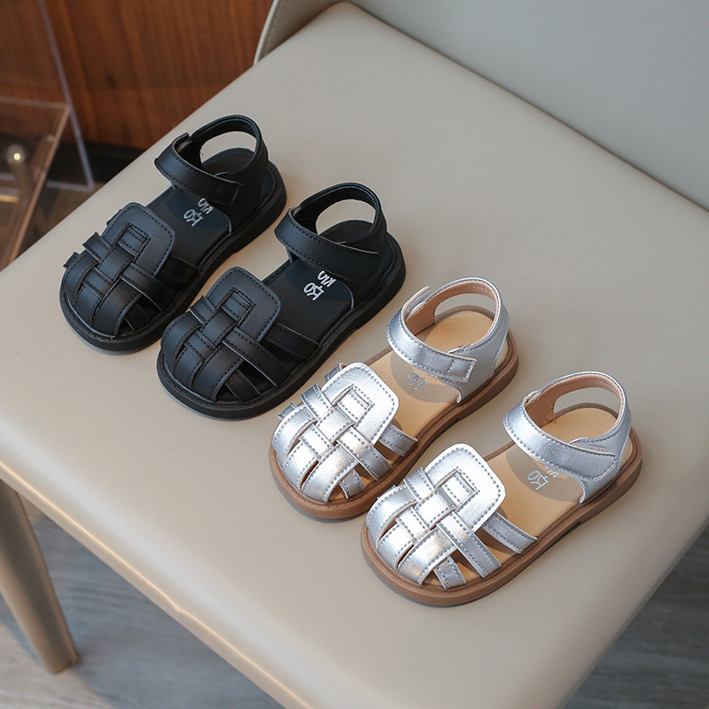Bērnu sandales Pītas melnas šķembas Gladiatora stils Meiteņu slīdņi Pārvalks Purngals Dobs Pu ādas Vasaras Bērnu apavi 21-30