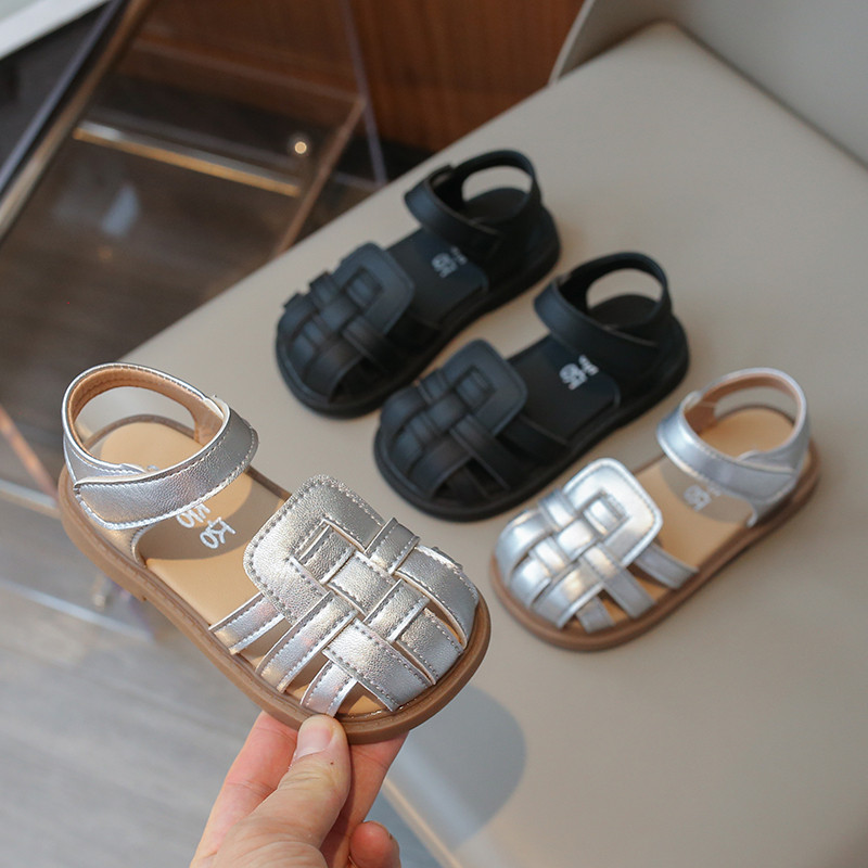 Bērnu sandales Pītas melnas šķembas Gladiatora stils Meiteņu slīdņi Pārvalks Purngals Dobs Pu ādas Vasaras Bērnu apavi 21-30