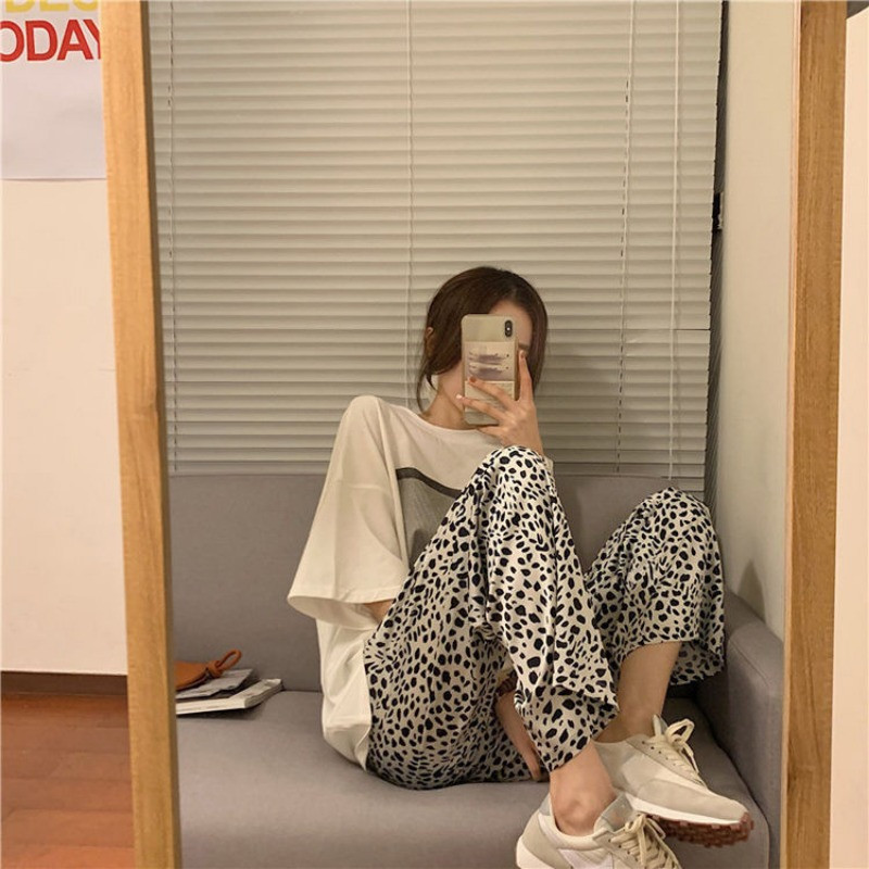 Leoparda pidžamas bikses sievietēm miegā korejiešu stila guļamveļa vasaras apakšpusei līdz potītei Mājas elastīga jostasvieta istabas gulēšanai