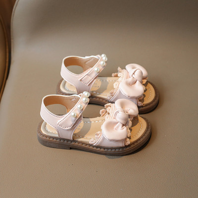 Bērnu princešu sandales, 2024. gada vasara, jauni, vidēji lieli, mīksta zole bērniem, ārzemju stila pērļu loki, bērnu pludmales apavi