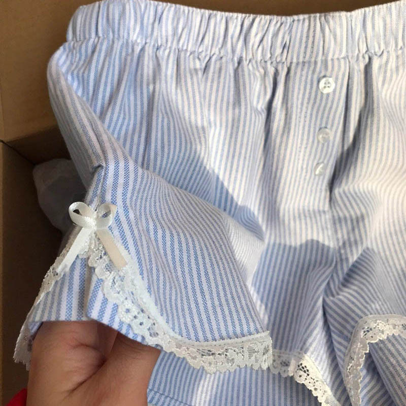 Prugasta pidžama Hlače za žene Kratke hlače za spavanje Donji dio Ljetna spavaćica Kućna odjeća s korejskom čipkom Elastični struk Odjeća za spavanje
