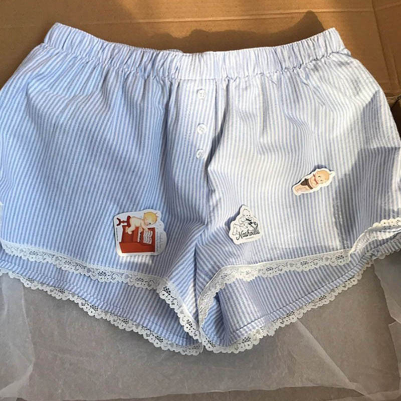 Prugasta pidžama Hlače za žene Kratke hlače za spavanje Donji dio Ljetna spavaćica Kućna odjeća s korejskom čipkom Elastični struk Odjeća za spavanje
