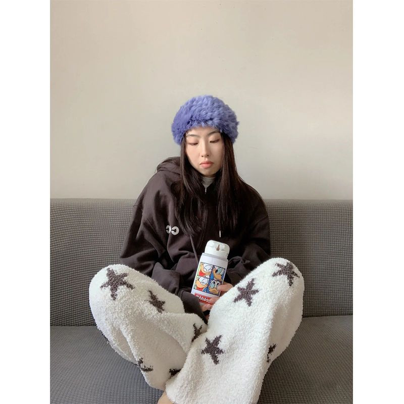 Podebljane plišane donje hlače za spavanje za žene sa zvjezdicama, nove jesensko-zimske ležerne kućne hlače, smiješne bijele pidžame