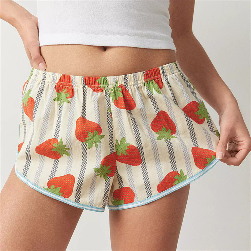 Y2k Strawberry Print Sieviešu pidžamas šorti, plati šorti, ikdienas elastīgi vidukļa mežģīņu apdares jauki svītraini brīvi atpūtas guļamveļa