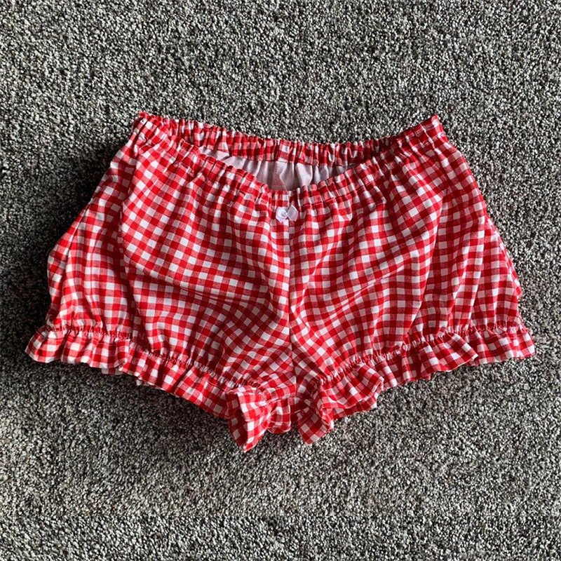 Y2K rūtaini pidžamas šorti elastīga josla, volānveida apdare atpūtas šorti Kawaii Aesthetic Cottage pidžamas apakšā Bikses mājas apģērbs pludmales apģērbs