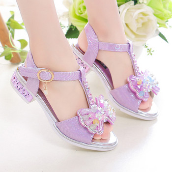 2023 Летни сандали с кристали за момичета Обувки Детска мода Пайети Панделка Перли Детски плоски сандали на принцеса Обувки
