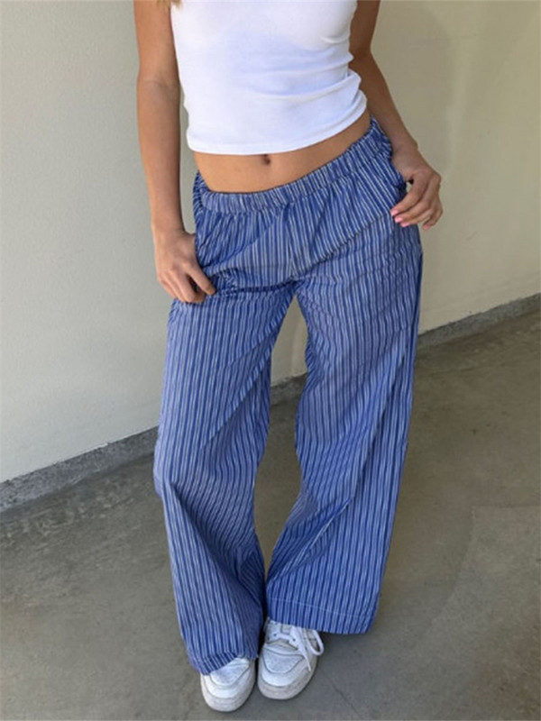 Naiste laia säärega pidžaamad püksid triibuga elastne vöökoht lahtised sirged püksid vabaaja püksid, 2000ndate retropidžaamad, koduriided