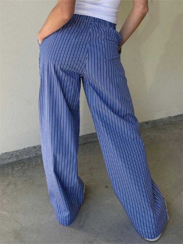 Naiste laia säärega pidžaamad püksid triibuga elastne vöökoht lahtised sirged püksid vabaaja püksid, 2000ndate retropidžaamad, koduriided