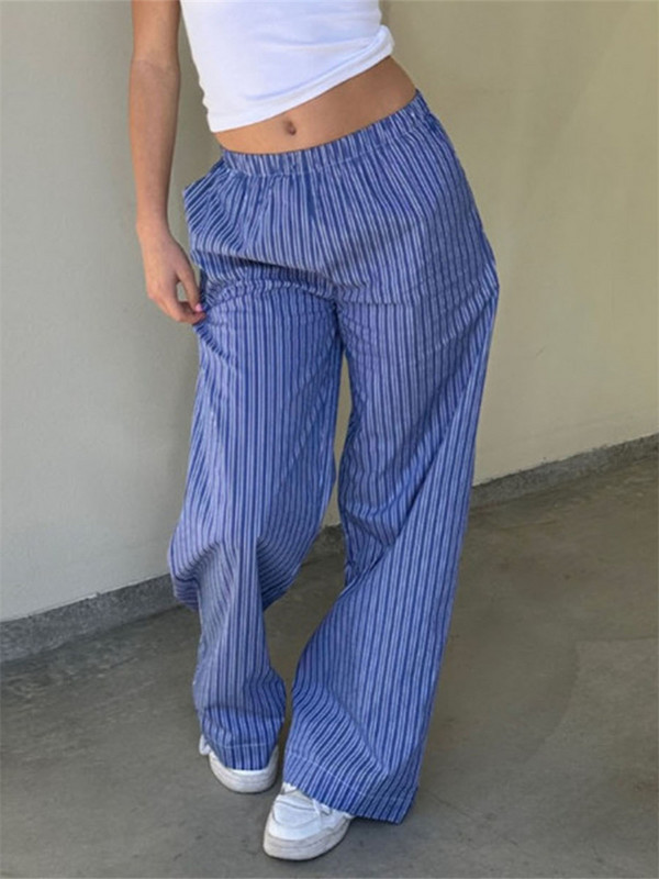 Naiste laia säärega pidžaamad püksid triibuga elastne vöökoht lahtised sirged püksid vabaaja püksid, 2000ndate retropidžaamad, koduriided