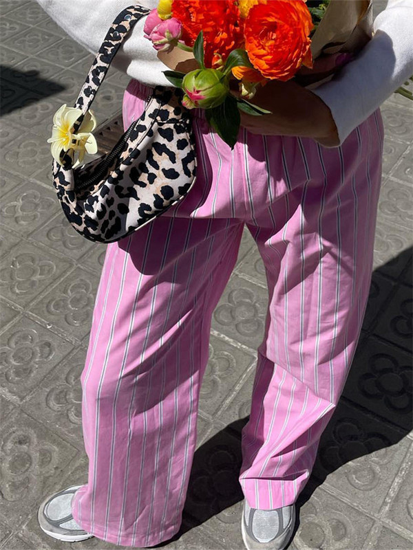 Naiste laia säärega pidžaamad püksid triibuga elastne vöökoht lahtised sirged püksid vabaaja püksid, 2000ndate retropidžaamad, koduriided