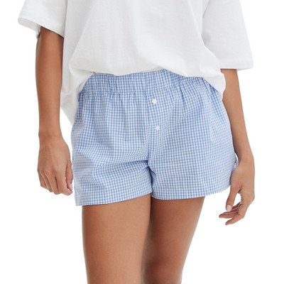 Ženske kratke hlače na dugmad sprijeda, ležerne, s elastičnim strukom, kariranim/prugastim printom, salonske donje hlače za spavanje, korejska kućna odjeća, pidžame, spavaćica