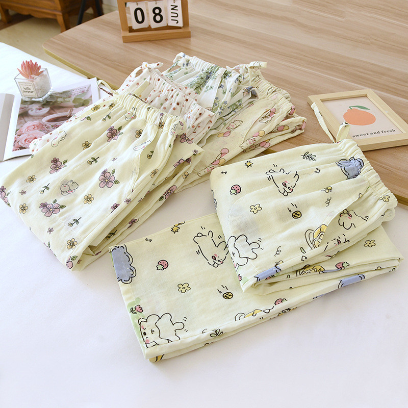 2024. gada pavasaris/vasara, jaunas sieviešu guļambikses, 100% kokvilna, divslāņu marle, garas bikses, plānas, brīvas, jaukas mājas bikses sievietēm