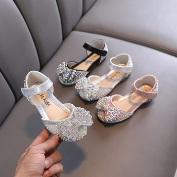 Сандали с пайети за малко момиче, нови летни сандали с панделка с кристали, модни блестящи детски сватбени меки плоски сандали, размер 21-36