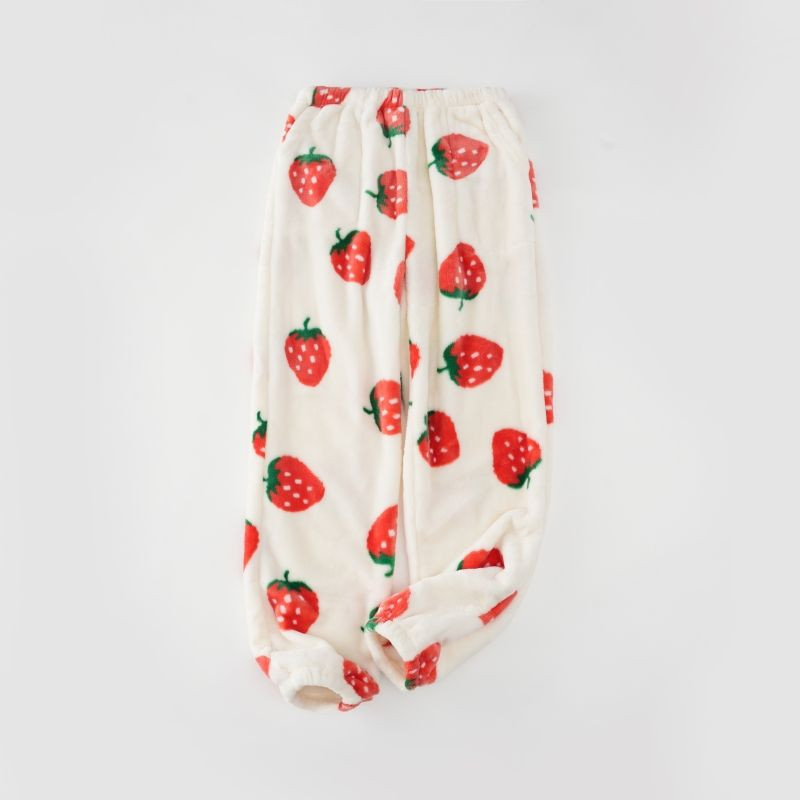 Uued Fruit Print Strawberry Sleeping Pants Winter Coral Velvet Plush Pidžaamapüksid Y2k Kawaii Harajuku Flanell Home Karusnahast magamisriided