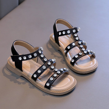 Лято 2024 Нов стил Модни удобни и ежедневни средни и големи детски сандали с отворени пръсти с кристали за момичета