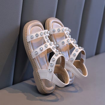 Лято 2024 Нов стил Модни удобни и ежедневни средни и големи детски сандали с отворени пръсти с кристали за момичета