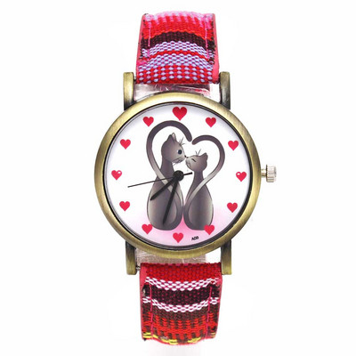Kaks kassi loomamustriga südamekellad Mood vabaaja meeste naiste triibud teksarihm Paar sport kvartsist käekell Kingitus armastusele