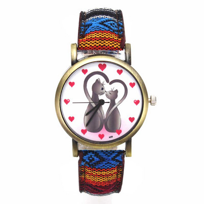 Kaks kassi loomamustriga südamekellad Mood vabaaja meeste naiste triibud teksarihm Paar sport kvartsist käekell Kingitus armastusele