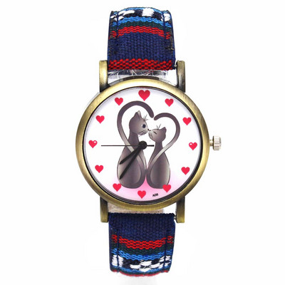 Kaks kassi loomamustriga südamekellad Mood vabaaja meeste naiste triibud teksarihm Paar sport kvartsist käekell Kingitus armastusele