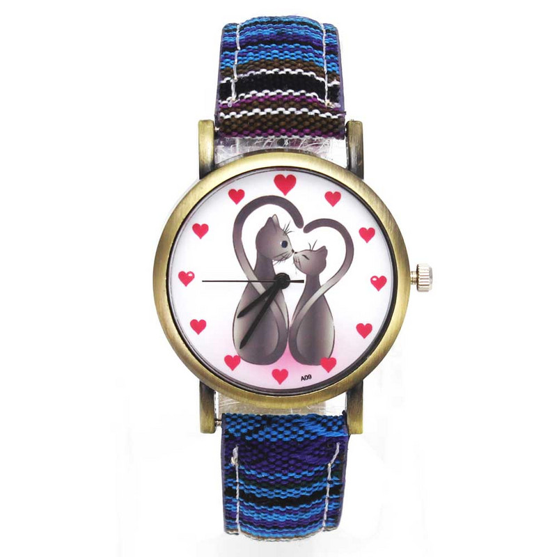 Kaks kassi loomamustriga südamekellad Mood vabaaja meeste naiste triibud teksarihm Paar sport kvartsist käekell Kingitus armastusele