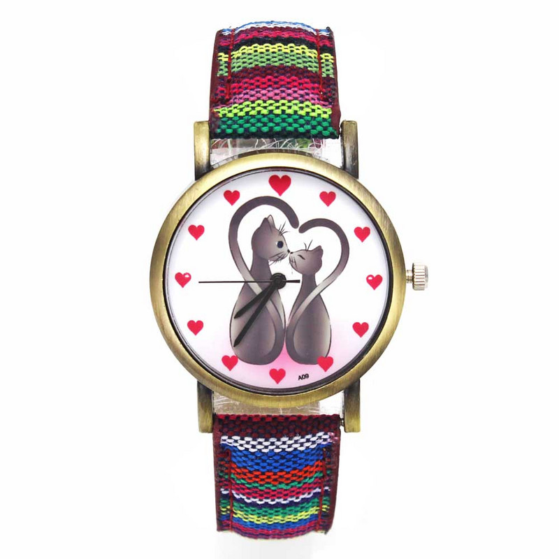 Kaks kassi loomamustriga südamekellad Mood vabaaja meeste naiste triibud teksarihm Paar sport kvartsist käekell Kingitus armastusele