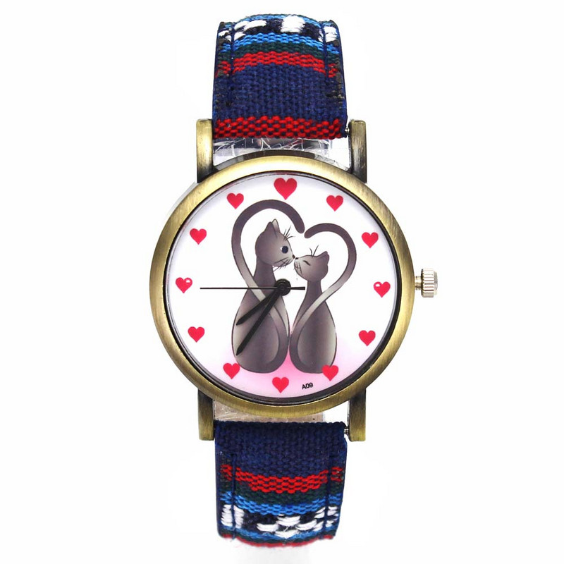Kaks kassi loomamustriga südamekellad Mood vabaaja meeste naiste triibud teksarihm Paar sport kvartsist käekell Kingitus armastusele