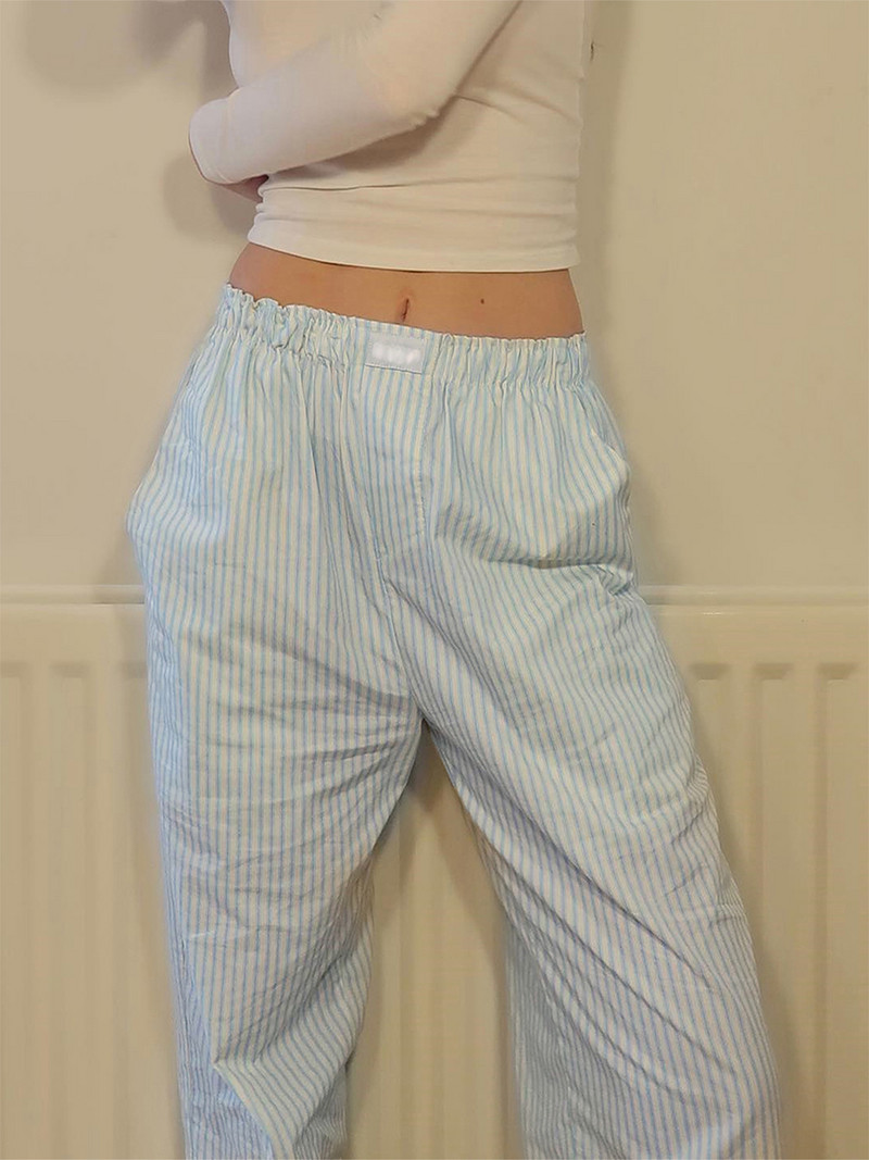 Naiste vabaaja aluspüksid lahtised vertikaalsed triibulised prindiga elastsed taskutega salongipüksid Kodus kannab magamisriideid