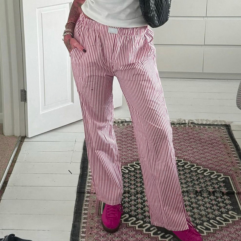 Naiste vabaaja aluspüksid lahtised vertikaalsed triibulised prindiga elastsed taskutega salongipüksid Kodus kannab magamisriideid