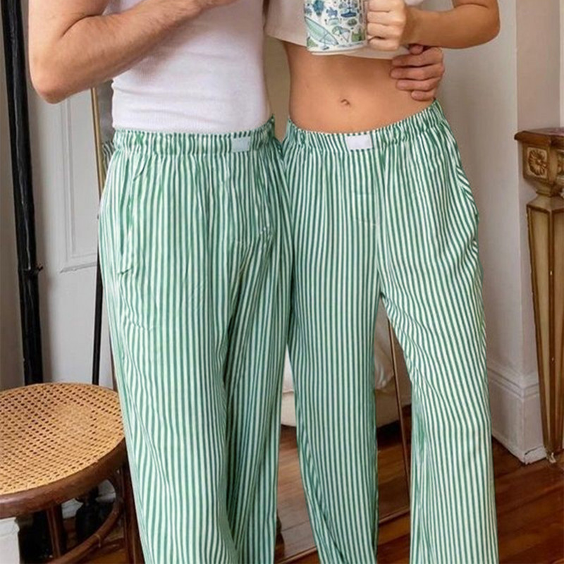 Naiste vabaaja aluspüksid lahtised vertikaalsed triibulised prindiga elastsed taskutega salongipüksid Kodus kannab magamisriideid