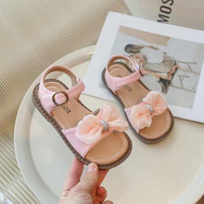 Meiteņu sandales Elegantas rozā smilškrāsas saldas āķa cilpas vasaras bērnu slīdņi Moderns tauriņš ar atvērtu purngalu ikdienas mīkstas bērnu apavi 26-36