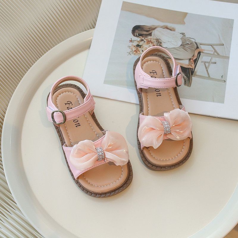 Meiteņu sandales Elegantas rozā smilškrāsas saldas āķa cilpas vasaras bērnu slīdņi Moderns tauriņš ar atvērtu purngalu ikdienas mīkstas bērnu apavi 26-36