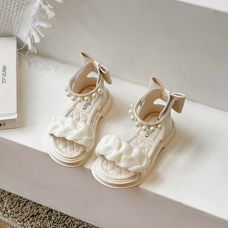 Vasaras bērnu sandales meitenēm elegantas pērļu modes jaunas daudzfunkcionālas saldas bērnu ballītes plakanas sandales izmērs:23-36