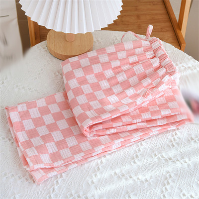 1gb Sieviešu pavasara vasaras kokvilnas kreppa apdrukātas pidžamas brīvas ikdienas bikses garās bikses mājas kostīms guļam apakšā meitenei dāvana