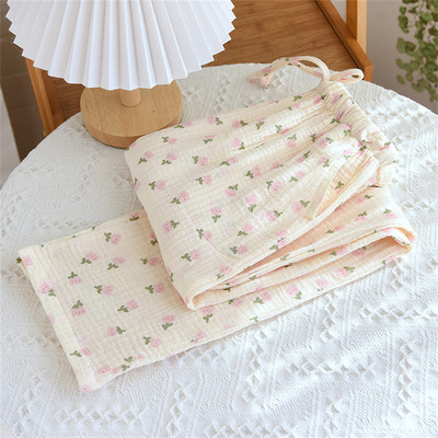 1gb Sieviešu pavasara vasaras kokvilnas kreppa apdrukātas pidžamas brīvas ikdienas bikses garās bikses mājas kostīms guļam apakšā meitenei dāvana